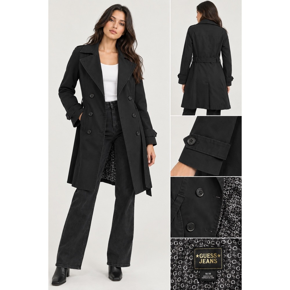 Guess Jeans Black Double Breasted Trench Coat Belted Mid Length Classic M
